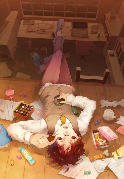 Anime picture 1100x1580 with original takeda mika single tall image short hair open mouth brown hair brown eyes lying on back upside down androgynous plant (plants) shirt glasses necktie food window sweets book (books)