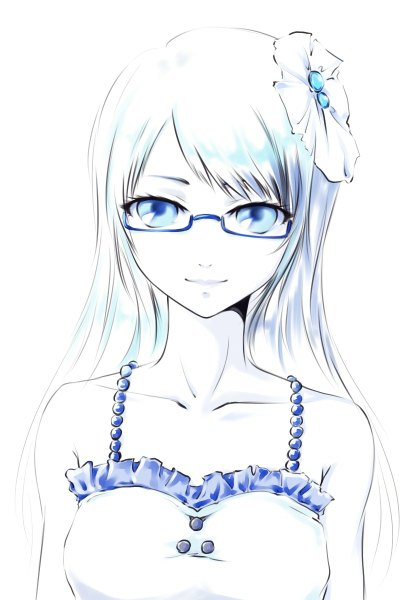Anime picture 800x1200 with original bzerox single long hair tall image looking at viewer blue eyes simple background white background bare shoulders light smile girl hair ornament glasses
