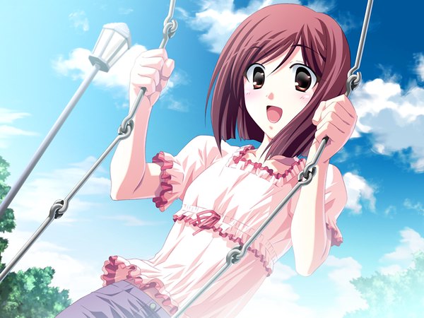 Anime picture 1200x900 with imitation lover looking at viewer blush short hair open mouth brown hair brown eyes game cg cloud (clouds) :d girl plant (plants) tree (trees) swing