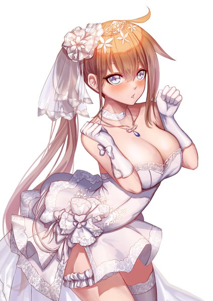Anime picture 2893x4092 with girls frontline fal (girls frontline) kibellin single long hair tall image looking at viewer blush fringe highres breasts blue eyes light erotic simple background hair between eyes brown hair large breasts standing white background bare shoulders