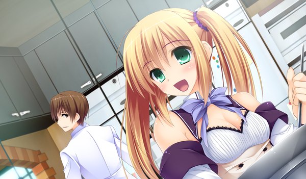 Anime picture 1024x600 with oshiete ecchi na recipe long hair short hair open mouth blonde hair brown hair wide image twintails green eyes game cg girl boy detached sleeves