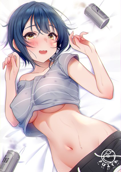 Anime picture 700x990 with original tsukana (saba mizore) single tall image looking at viewer blush fringe short hair breasts open mouth light erotic smile hair between eyes large breasts yellow eyes blue hair lying nail polish head tilt :d