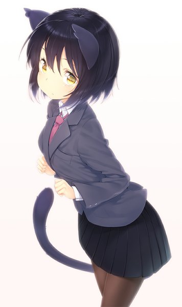 Anime picture 654x1100 with original zizi (zz22) single tall image looking at viewer short hair black hair simple background white background brown eyes animal ears tail animal tail cat ears cat girl cat tail girl skirt miniskirt shirt