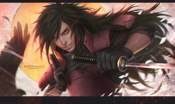 Anime picture 3685x2195 with naruto studio pierrot naruto (series) uchiha madara zetsuai89 single long hair looking at viewer highres black hair smile red eyes wide image signed absurdres upper body parted lips realistic boy gloves
