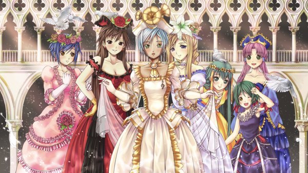 Anime picture 1920x1080 with aria mizunashi akari alice carroll aika s granzchesta alicia florence athena glory akira e ferrari aino ai drawfag long hair blush highres short hair blue eyes blonde hair brown hair wide image purple eyes multiple girls brown eyes