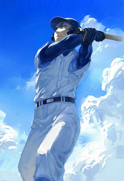 Anime picture 688x1000 with daiya no ace production i.g yuki tetsuya lowrain_ single tall image short hair standing holding yellow eyes looking away sky cloud (clouds) sunlight baseball boy uniform gym uniform baseball bat baseball uniform