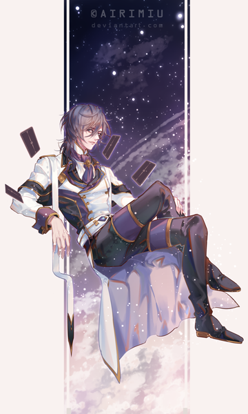 Anime picture 800x1332 with original airimiu single long hair tall image looking at viewer fringe blue eyes smile hair between eyes white background sitting signed full body grey hair crossed legs boy star (stars) pants knee boots