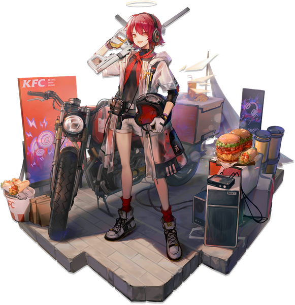Anime picture 1852x1912 with arknights kfc (company) exusiai (arknights) exusiai (city rider) (arknights) huanxiang heitu single tall image looking at viewer fringe highres short hair open mouth hair between eyes standing full body red hair :d official art orange eyes official alternate costume