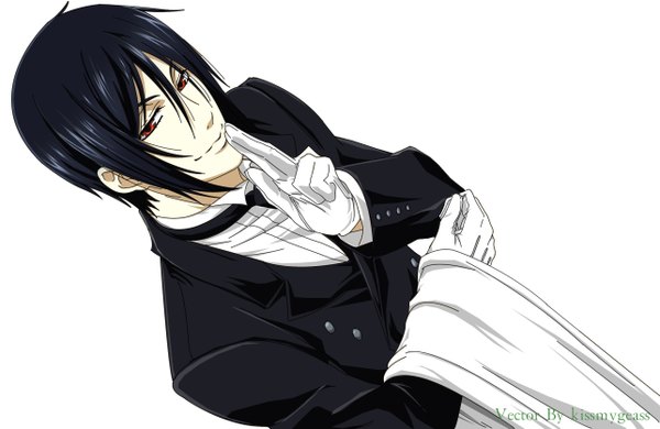 Anime picture 2572x1675 with kuroshitsuji a-1 pictures sebastian michaelis single looking at viewer highres short hair black hair simple background red eyes white background grin finger to mouth butler boy gloves shirt necktie suit