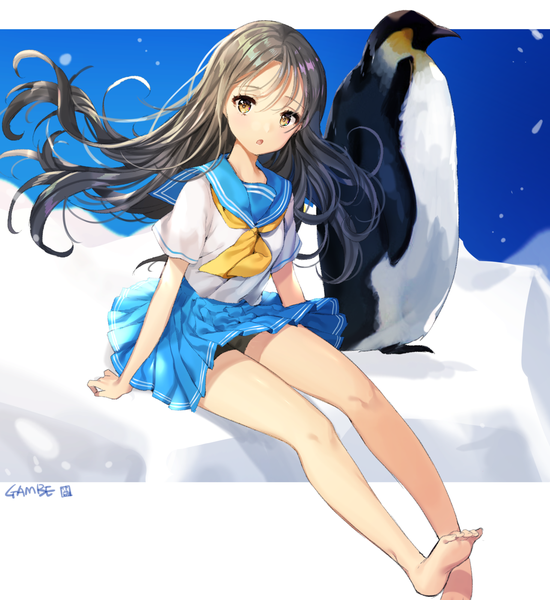 Anime picture 1285x1402 with original gambe single long hair tall image fringe open mouth light erotic black hair hair between eyes sitting brown eyes signed looking away sky full body bent knee (knees) pleated skirt barefoot wind