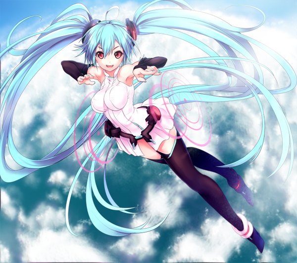 Anime picture 1440x1280 with vocaloid hatsune miku sora to umi single looking at viewer open mouth red eyes twintails very long hair aqua hair zettai ryouiki girl thighhighs black thighhighs detached sleeves
