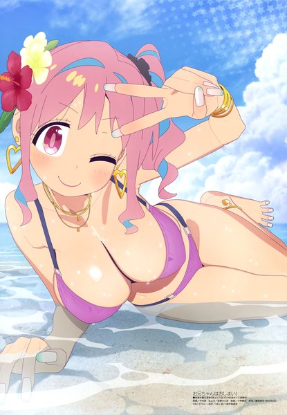 Anime picture 4095x5926 with onii-chan wa oshimai! megami magazine studio bind hozuki kaede imamura ryou single tall image looking at viewer blush fringe highres short hair breasts light erotic smile large breasts twintails pink hair absurdres sky