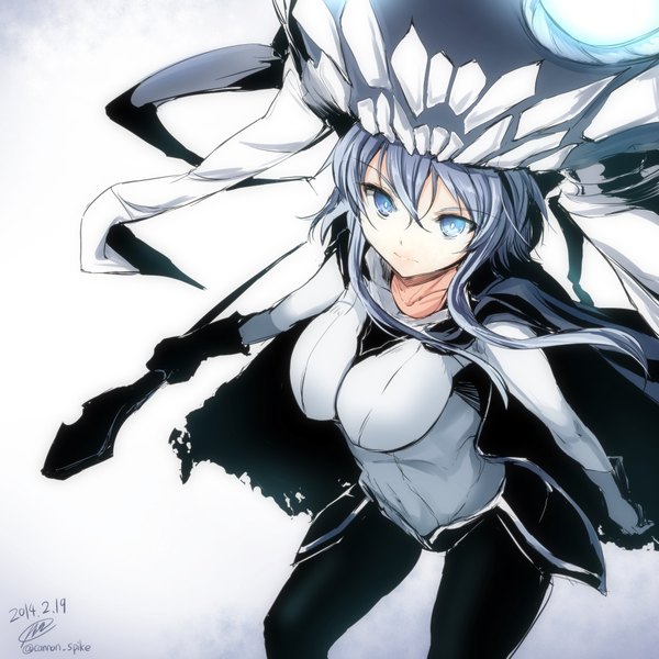 Anime picture 2000x2000 with kantai collection wo-class aircraft carrier gin'ichi (akacia) single long hair looking at viewer highres blue eyes signed grey hair teeth pale skin shinkaisei-kan girl gloves black gloves cape bodysuit staff monster