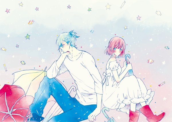 Anime picture 1450x1025 with uta no prince-sama a-1 pictures nanami haruka (uta no prince-sama) mikaze ai yurine (artist) blush short hair sitting pink hair profile looking back aqua eyes aqua hair couple pale skin back to back girl dress boy food