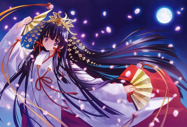 Anime picture 9384x6392 with original carnelian single long hair looking at viewer blush highres black hair purple eyes absurdres sky traditional clothes japanese clothes night wide sleeves night sky cherry blossoms girl hair ornament ribbon (ribbons)