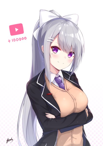 Anime picture 2508x3541 with virtual youtuber nijisanji higuchi kaede bee doushi single long hair tall image looking at viewer blush fringe highres simple background smile hair between eyes white background purple eyes signed silver hair upper body ponytail