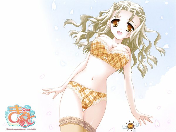 Anime picture 1600x1200 with quilt (game) kanami carnelian short hair open mouth light erotic blonde hair brown eyes underwear only wavy hair girl thighhighs navel underwear panties petals lingerie bra plaid panties plaid bra