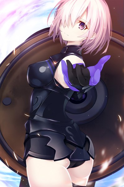Anime picture 2000x3006 with fate (series) fate/grand order mash kyrielight machimura komori single tall image looking at viewer blush fringe highres short hair breasts light erotic standing purple eyes bare shoulders holding pink hair sky ass