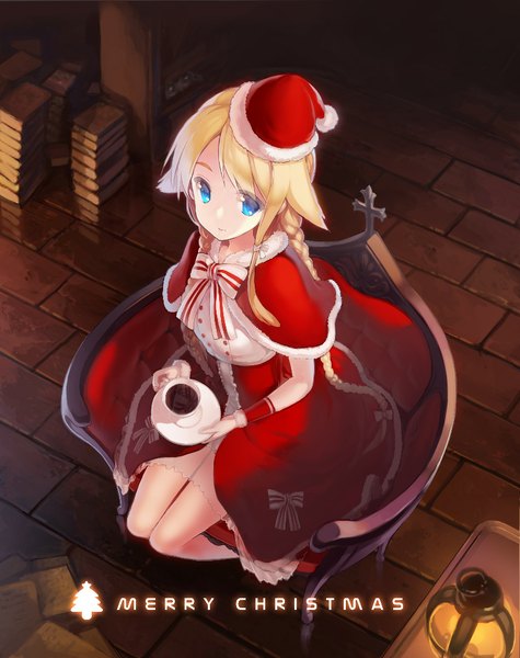 Anime picture 800x1010 with magi in wanchin basilica ritsuki single long hair tall image blue eyes blonde hair sitting bent knee (knees) braid (braids) from above light smile fur trim twin braids light christmas steam merry christmas girl bow