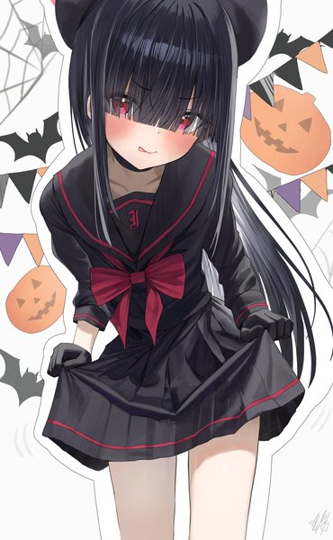 Anime picture 1953x3168 with blue archive justice committee club member (blue archive) hidulume single long hair tall image looking at viewer blush fringe highres black hair red eyes standing blunt bangs halloween :q hair over eyes outline skirt hold girl