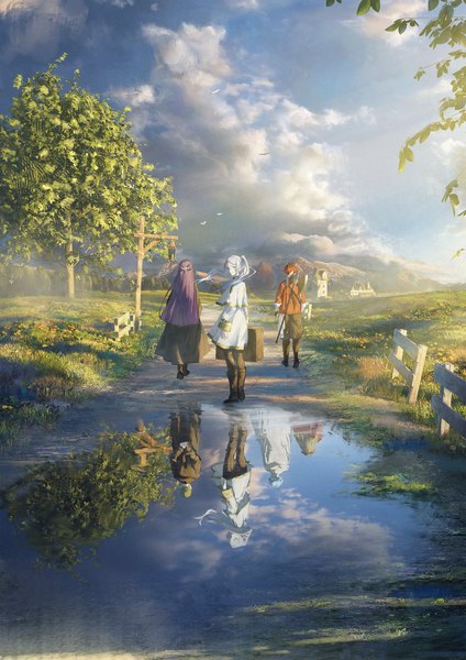 Anime picture 2480x3508 with sousou no frieren frieren fern (sousou no frieren) stark (sousou no frieren) himmel (sousou no frieren) eisen (sousou no frieren) heiter gyoukan (jfxc) long hair tall image highres short hair twintails multiple girls sky silver hair purple hair cloud (clouds) outdoors red hair