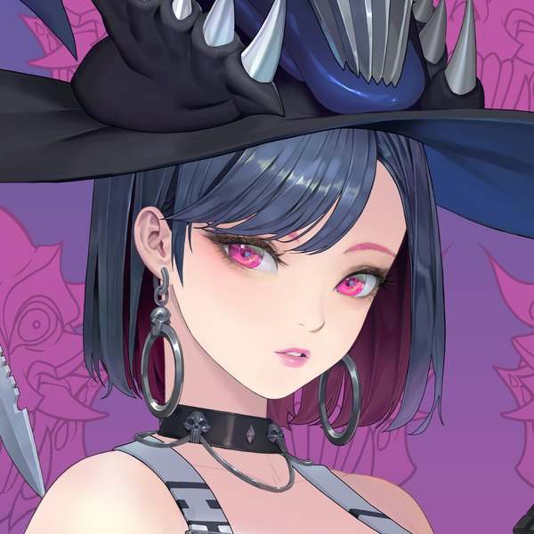 Anime picture 4000x4000 with original ake (cherrylich) single looking at viewer highres short hair bare shoulders blue hair absurdres parted lips pink eyes multicolored hair lipstick portrait colored inner hair pink lipstick girl hat earrings choker