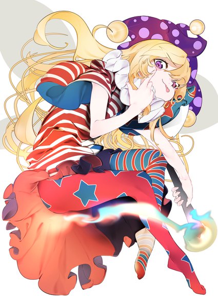Anime picture 1032x1457 with touhou clownpiece maimuro single long hair tall image looking at viewer blonde hair white background purple eyes no shoes polka dot star print akanbe girl dress hat pantyhose wings tongue