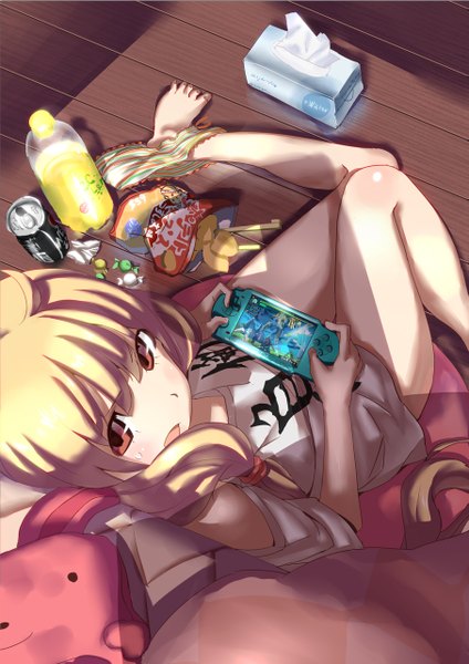 Anime picture 905x1280 with idolmaster idolmaster cinderella girls futaba anzu tsuuhan single long hair tall image looking at viewer open mouth light erotic blonde hair sitting twintails bare shoulders holding bent knee (knees) barefoot from above inscription bare legs