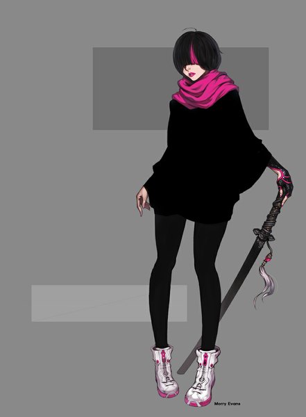 Anime picture 800x1089 with original morry single tall image fringe black hair simple background standing pink hair multicolored hair grey background two-tone hair streaked hair hair over eyes girl weapon pantyhose sword boots scarf