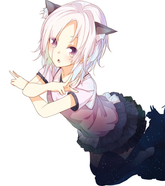 Anime picture 800x905 with original la-na single tall image short hair open mouth simple background white background purple eyes animal ears white hair pleated skirt from above cat ears :o shadow cat girl crossed arms girl thighhighs