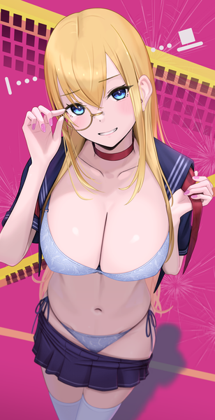 Anime picture 4000x7801 with original inaka 44 single long hair tall image looking at viewer blush fringe highres breasts blue eyes light erotic blonde hair smile hair between eyes large breasts standing absurdres cleavage nail polish