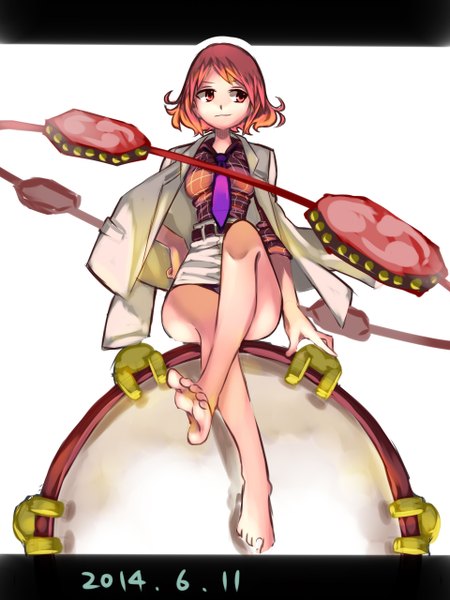 Anime picture 960x1280 with touhou horikawa raiko namauni single tall image short hair simple background smile red eyes white background looking away red hair barefoot hand on hip crossed legs girl toes blazer drum