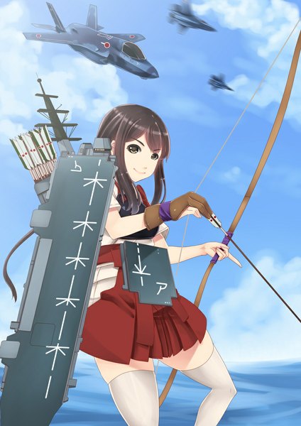 Anime picture 724x1024 with kantai collection akagi aircraft carrier hiememiko single long hair tall image black hair sky cloud (clouds) black eyes girl thighhighs weapon white thighhighs sea bow (weapon) airplane jet