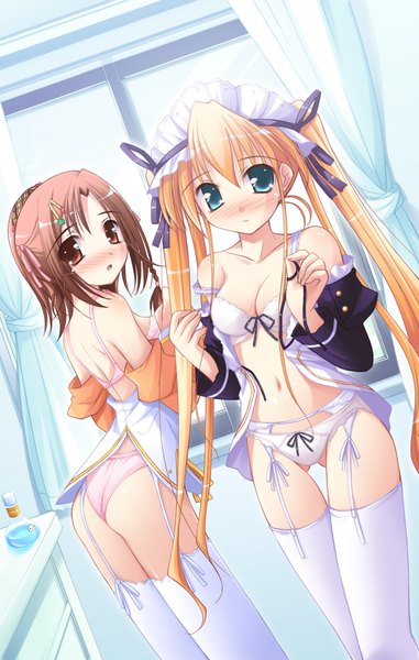 Anime picture 1144x1800 with happiness kamisaka haruhi hiiragi anri ko~cha long hair tall image blush short hair light erotic blonde hair brown hair bare shoulders multiple girls brown eyes ass looking back aqua eyes from behind ass visible through thighs undressing