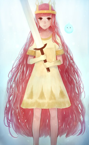 Anime picture 863x1400 with child of light aurora (child of light) bounin single tall image looking at viewer blush simple background white background brown eyes pink hair very long hair fantasy girl dress gloves weapon sword crown