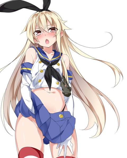 Anime picture 2048x2560 with kantai collection shimakaze destroyer mtu (orewamuzituda) single long hair tall image blush fringe highres breasts open mouth light erotic blonde hair simple background hair between eyes red eyes white background bare belly ass visible through thighs skirt lift