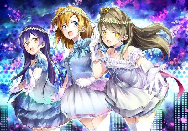 Anime picture 1300x909 with love live! school idol project sunrise (studio) love live! minami kotori sonoda umi kousaka honoka jas (annkoromochi) long hair blush short hair open mouth blue eyes blonde hair multiple girls yellow eyes blue hair grey hair one side up girl thighhighs