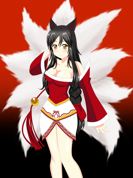 Anime picture 1200x1600 with league of legends ahri (league of legends) cute-kakurine single long hair tall image looking at viewer blush black hair brown eyes animal ears facial mark multiple tails whisker markings girl