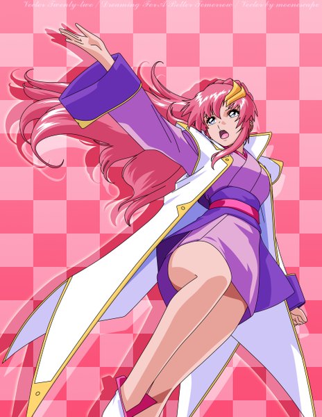 Anime picture 1935x2500 with mobile suit gundam gundam seed sunrise (studio) lacus clyne long hair tall image highres open mouth pink hair grey eyes legs pink background vector checkered background girl hair ornament hairclip