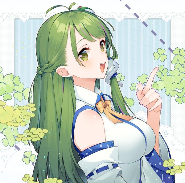 Anime picture 1300x1282 with touhou kochiya sanae eho (icbm) single long hair looking at viewer blush open mouth green eyes upper body ahoge :d green hair half updo girl detached sleeves clover (plant)