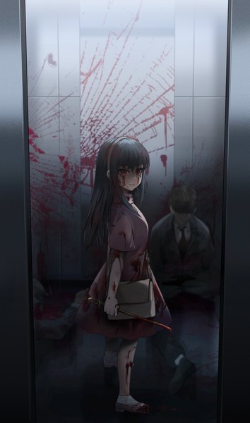 Anime picture 2818x4774 with spy x family yor briar yuki (asayuki101) single long hair tall image highres light erotic black hair red eyes standing blood on face alternate age bloody clothes blood stains bloody weapon younger girl dress weapon