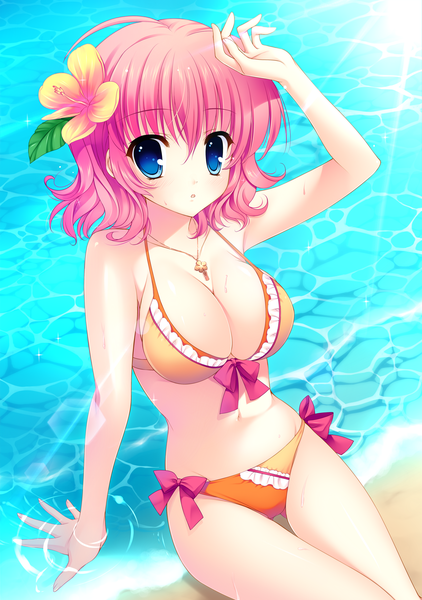 Anime picture 4189x5953 with yuyukana himezono risa mitha tall image highres short hair breasts blue eyes light erotic pink hair absurdres cleavage ahoge hair flower light girl hair ornament swimsuit bikini water