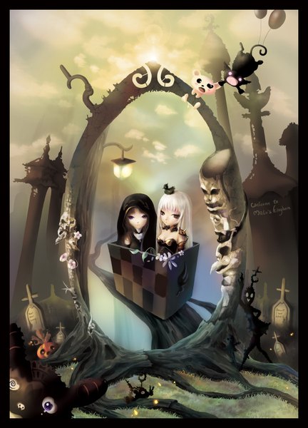 Anime picture 1080x1500 with original malu long hair tall image brown hair multiple girls sky purple hair white hair shadow girl flower (flowers) 2 girls plant (plants) animal bird (birds) hood cross lantern mirror