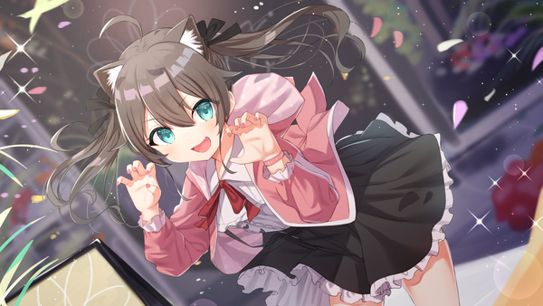Anime picture 1536x864 with virtual youtuber hololive natsuiro matsuri tsukiman single long hair looking at viewer blush fringe open mouth smile hair between eyes brown hair wide image standing twintails animal ears payot ahoge :d