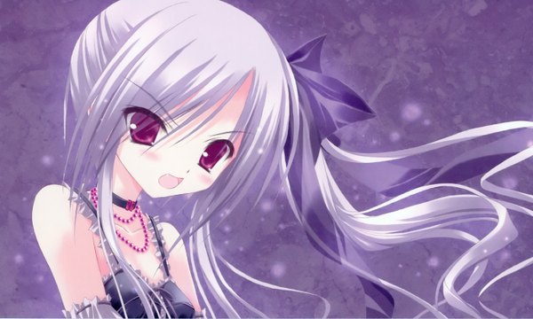 Anime picture 1400x842 with duel dolls kakuska el dapkunaite tinker bell single looking at viewer blush open mouth simple background wide image purple eyes bare shoulders purple hair ponytail loli side ponytail purple background girl bow hair bow choker