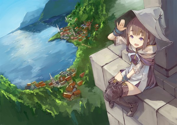 Anime picture 1406x1000 with original suzuno (bookshelf) single looking at viewer short hair brown hair sitting purple eyes landscape scenic girl dress hat building (buildings) thigh boots cape wrist cuffs short dress witch hat