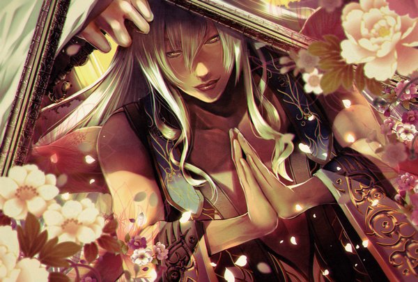 Anime picture 2500x1689 with asahimanyou single long hair highres bare shoulders brown eyes silver hair framed hands clasped girl flower (flowers)