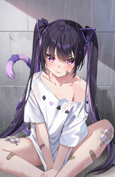 Anime picture 1000x1545 with original rosuuri single long hair tall image looking at viewer blush fringe light erotic black hair hair between eyes sitting twintails animal ears tail animal tail pink eyes multicolored hair off shoulder two-tone hair