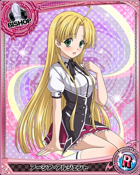 Anime picture 640x800 with highschool dxd asia argento single long hair tall image blush open mouth blonde hair green eyes card (medium) girl uniform school uniform