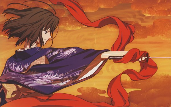 Anime picture 1680x1050 with kara no kyoukai type-moon ryougi shiki wide image japanese clothes sword kimono